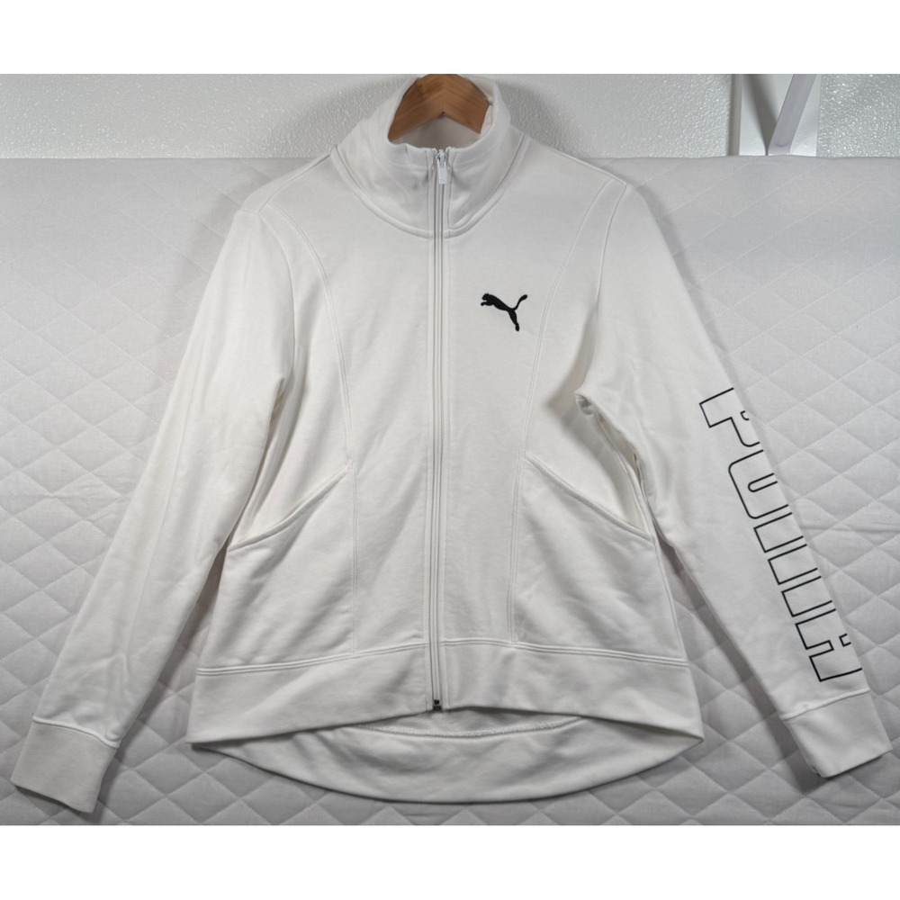 Puma Womens Medium Full Zip Jacket White Logo Sleeve Athletic Sweatshirt Slim